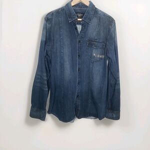 Harley Davidson Shirt Mens Large Blue Long Sleeve Denim HDMC‎ Casual Button Up